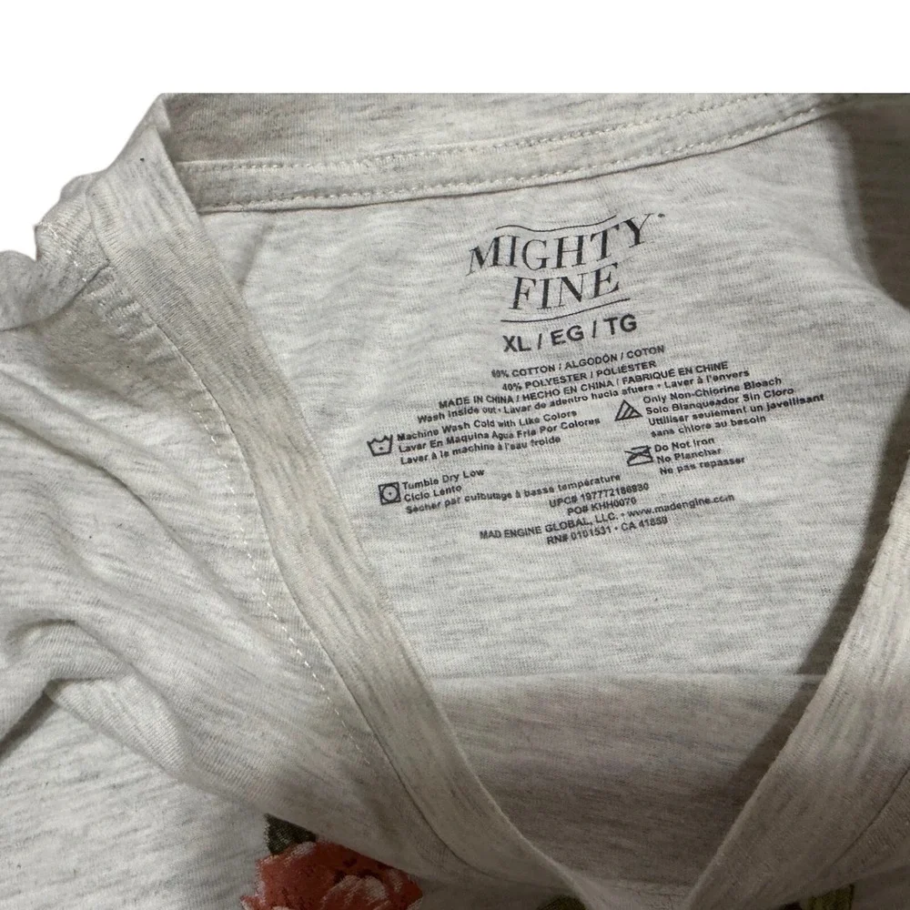 Mighty Fine Women's XL Grey Botanical Flower Graphic Tee‎ Short Sleeve T-Shirt